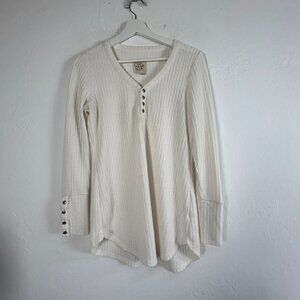 Chaser Womens Waffle Knit Thermal Henley Top Medium White Long Sleeve Pullover